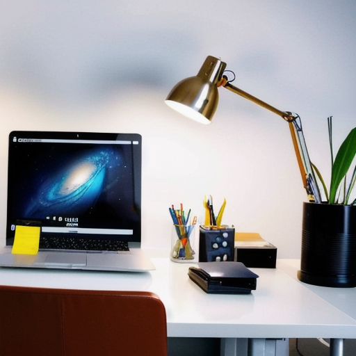 Corporate office workspace with reports and laptop, no people